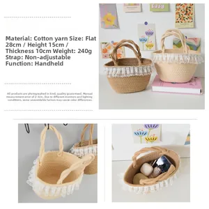 Detailed macro view of woven cotton rope handbag with delicate white lace ruffles and dimensions