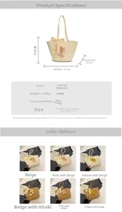 Detailed view of woven straw tote bag with delicate lace bow and floral charm