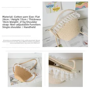 Detail of hand-woven beige cotton handbag featuring delicate white lace trim embroidery