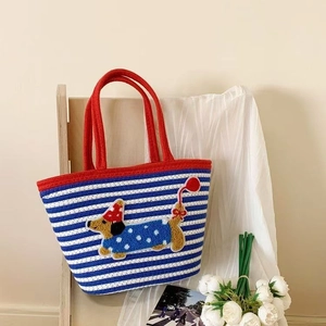 Women Woven Cotton Striped Tote Bag Large Capacity Cute Cartoon Dog Embroidered Patch Handbag Casual Vacation Beach Bag