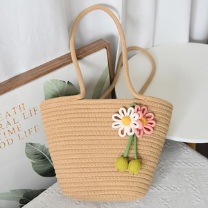 Borsa Tote Intrecciata da Donna Con Decorazione Floreale Artigianale Estate Spiaggia Vacanza Aspetto Paglia Poliestere Borsa a Spalla
