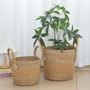 Close-up of woven straw plant baskets with natural grass texture and golden speckle details