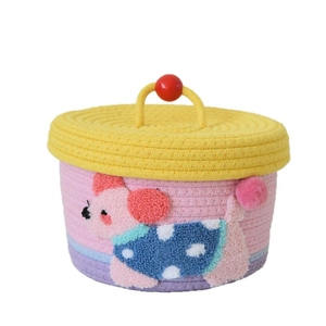 Handwoven baby gift storage basket with cute puppy patch and round red handle