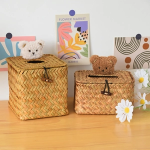 Handwoven straw tissue box covers with cute plush bear decorations in two sizes