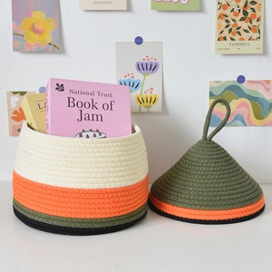 Minimalist woven cotton rope storage basket set with colorful horizontal stripes and lid
