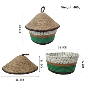 Detail showing dimensions of the woven storage basket with cotton rope and grass materials