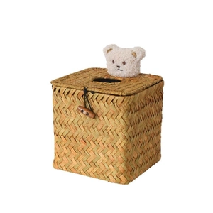 Handwoven straw tissue box cover with cute plush bear decor and wooden olive buckle closure