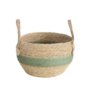 Handwoven seagrass plant basket with handles in natural and olive green two-tone design