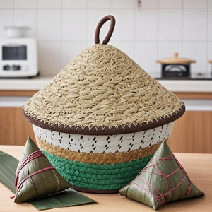 Detail of handcrafted three-color woven basket with lid and top handle for Zongzi