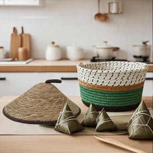 Detail of multi-color woven cylinder basket with conical lid for holiday gift packaging