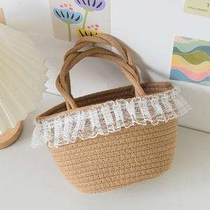 Woven straw bucket handbag with white lace trim for fashion women casual travel beach bag