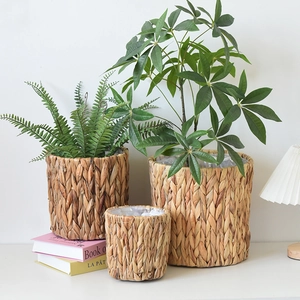 Handwoven Water Hyacinth Straw Basket Flower Pot Indoor Plant Cover With Plastic Liner Nordic Home Decor Storage Basket