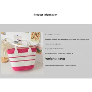 Detailed view of pink and white striped woven tote bag with cotton rope material specs