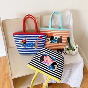 Large capacity woven stripe beach tote bag with cute chenille dog patch and happy embroidery