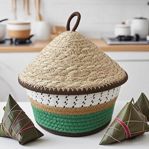 Detail of hand-woven green and white gift storage basket with lid for Dragon Boat Festival