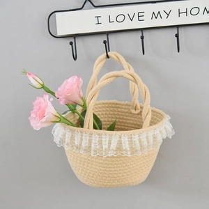 Handwoven beige basket bag with elegant white lace trim and durable twisted rope handles