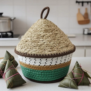 Handwoven basket gift box for rice dumplings with lid and brown handle in green white wood colors