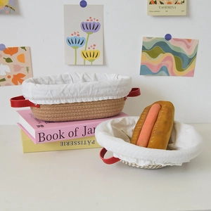 Hand-Woven Cotton Rope Bread Proofing Basket With Liner And Lid Round Oval Storage Basket With Red Leather Handles For Bakery Home