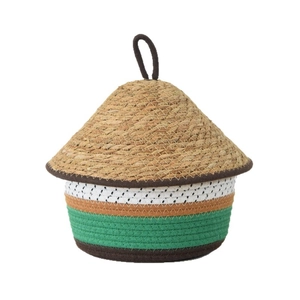 Handwoven cone-shaped gift box with colorful cotton rope stripes and straw lid
