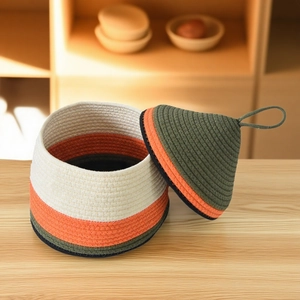 Three-color woven cotton rope storage basket with cone lid for home desktop organization
