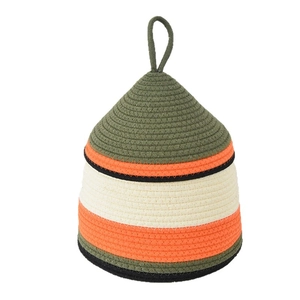 Nordic woven cotton rope storage basket with cone lid and colorful striped pattern