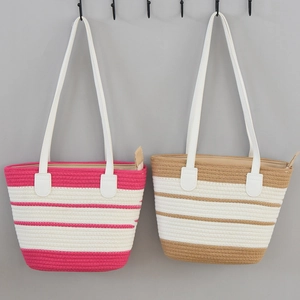 Large woven tote bags in striped pink and brown patterns for beach vacations and shopping