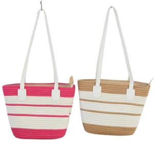 Large woven tote bag with pink and white stripes for summer beach vacation and daily use