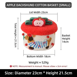 Detailed view of handmade dachshund storage basket with dimensions and apple lid