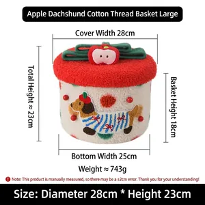 Detailed size chart for large woven dachshund storage basket with apple lid and dimensions