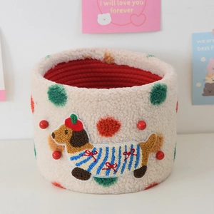 Detailed view of cream teddy fleece storage basket with cute dachshund dog embroidery