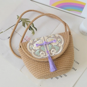 Women Casual Cotton Woven Crossbody Bag With Floral Embroidery Tassel Frog Button Chinese Style Beach Shoulder Bag Flap Purse