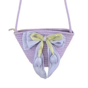 Minimalist purple woven cotton bucket bag with large ribbon bow and zipper closure