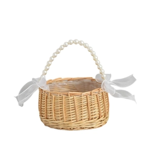 Handwoven willow flower basket with white pearl handle and elegant organza bows