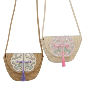 Minimalist cotton woven tote bag with floral embroidery and long tassels for beach