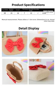 Size chart and details of woven cotton rope handbag with red satin bow decoration