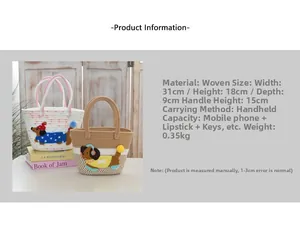 Detailed size chart for woven tote bag with cute dog embroidery and striped design