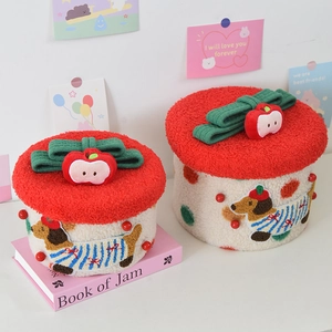 Cute Cartoon Dachshund Woven Storage Basket With Lid Soft Teddy Fleece Desktop Organizer For Snacks Stationery Home Decor