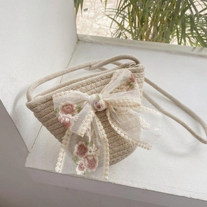 Sac Bandoulière en Paille Tissé pour Femme Avec Nœud en Ruban de Dentelle Broderie Florale Petit Sac Seau de Plage Été