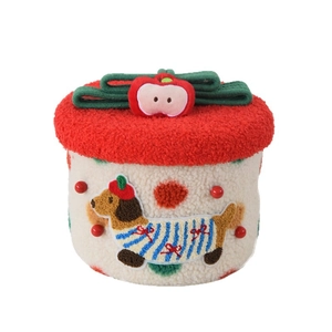 Cute dachshund plush storage basket with red lid and apple bow detail for home organizing