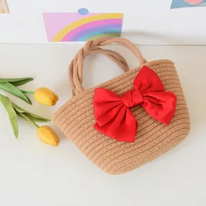 Women Sweet Woven Cotton Handbag Large Red Bowknot Decor Straw Style Tote Bag For Beach Vacation Daily Travel Fashion Handbag