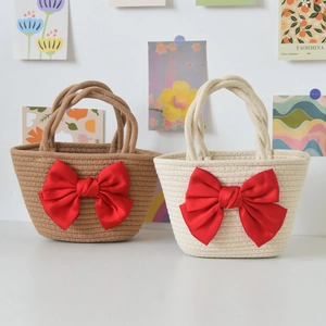 Handwoven summer straw handbag set in beige and brown with large red satin bows