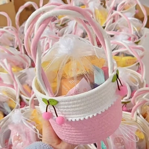 Hand Woven Cotton Rope Storage Basket With Cherry Pom Pom Decoration Portable Small Handbag For Birthday Baby Gift Favor