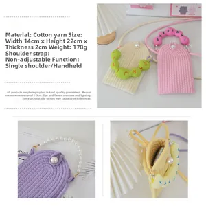 Detail view of woven cotton mini shoulder bags with pearl handles in multi-color options