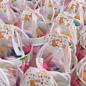 Detail of pink woven cotton basket with cherry decor and 100 days celebration tag