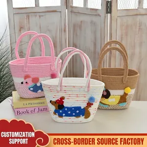 Three-piece cartoon woven tote bags set in pink, cream, and coffee for beach vacations