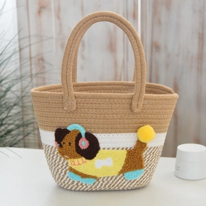 Cartoon dog patch woven cotton rope tote bag with dual handles for summer vacations