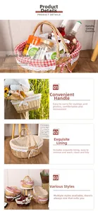 Close-up of natural wicker picnic basket with handle and red checked fabric lining