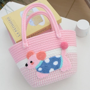 Pink and white woven tote bag featuring a cute 3D plush dog embroidery for summer beach vacation
