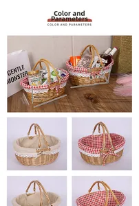 Detail of woven picnic baskets with red gingham and beige floral fabric lining