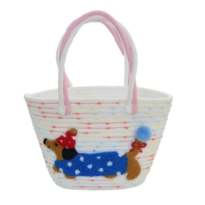 Cartoon woven straw tote bag with cute sausage dog embroidery for beach vacation